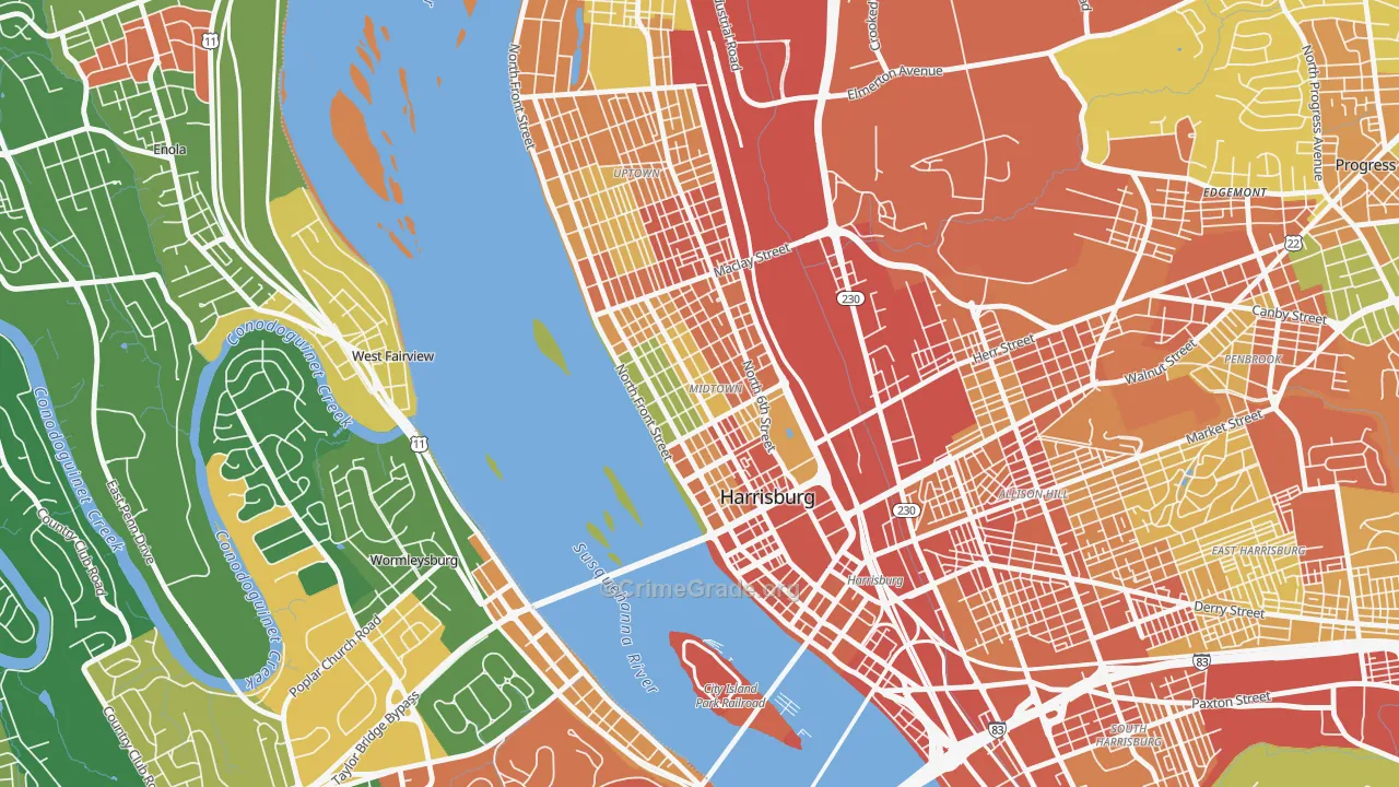 Midtown Harrisburg, Harrisburg, PA Map of Robbery Rates