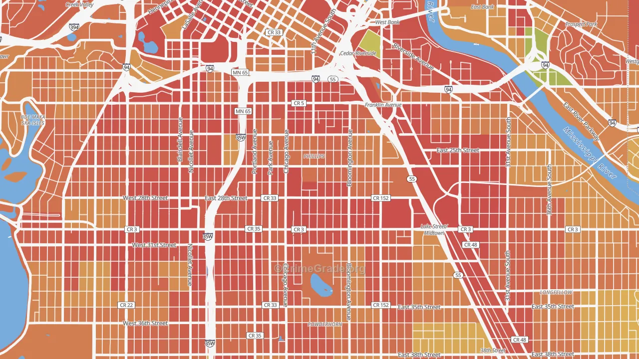 Midtown Phillips, Minneapolis, MN Map of Robbery Rates