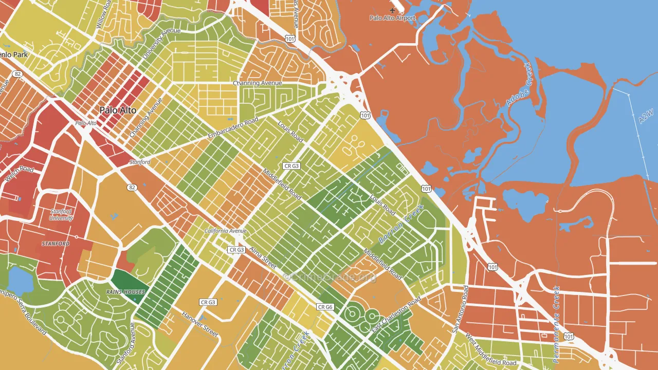Midtown-San Jose, Palo Alto, CA Map of Robbery Rates