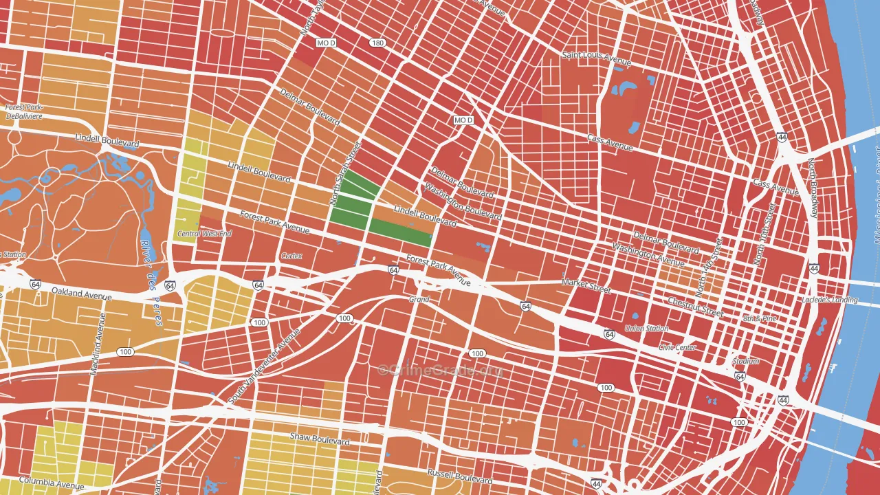 Midtown St. Louis, St. Louis, MO Map of Robbery Rates