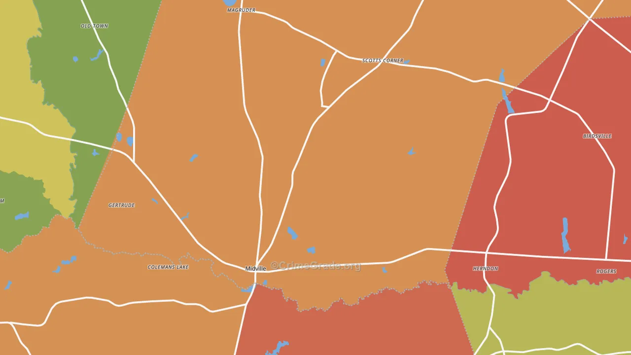 Midville, GA Map of Robbery Rates
