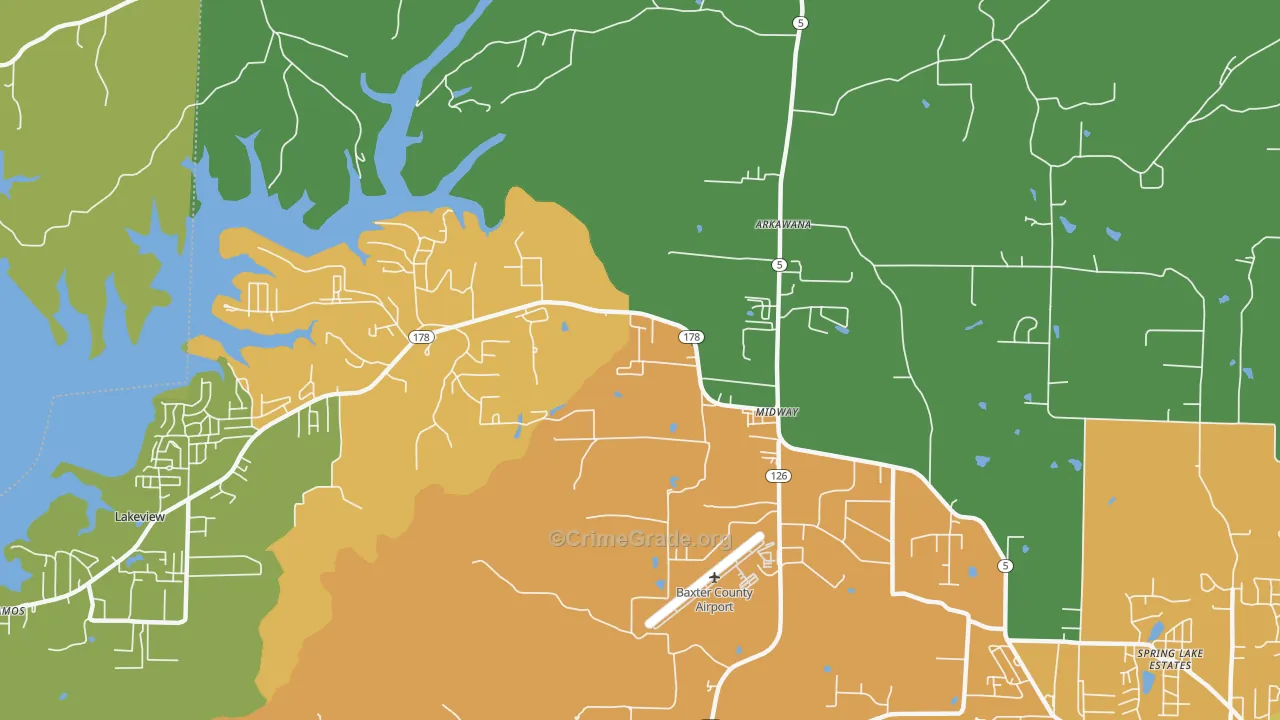 Midway, AR Map of Robbery Rates