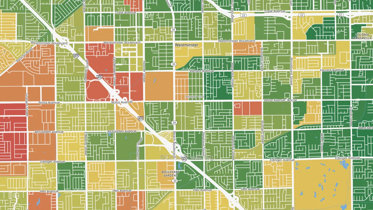 Midway City, CA Map of Robbery Rates