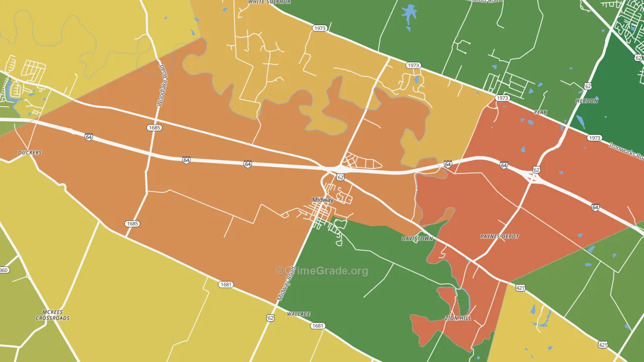 Midway, KY Map of Robbery Rates