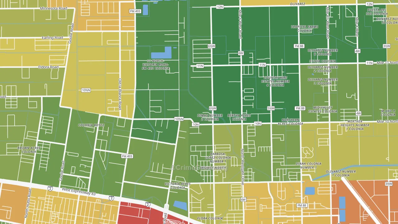 Midway North, TX Map of Robbery Rates