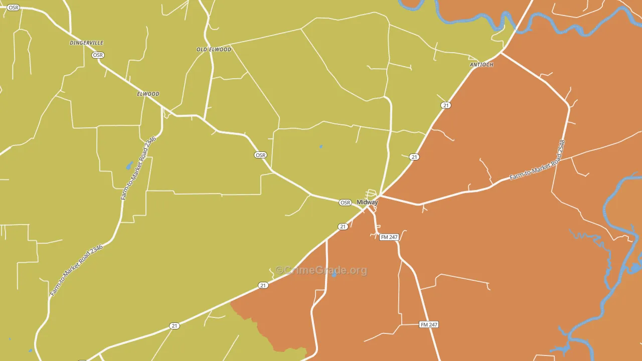 Midway, TX Map of Robbery Rates
