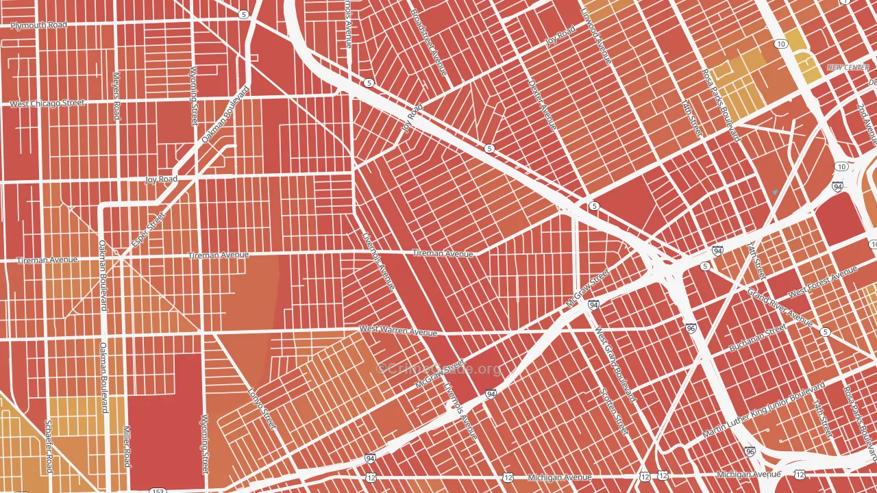 Midwest, Detroit, MI Map of Robbery Rates