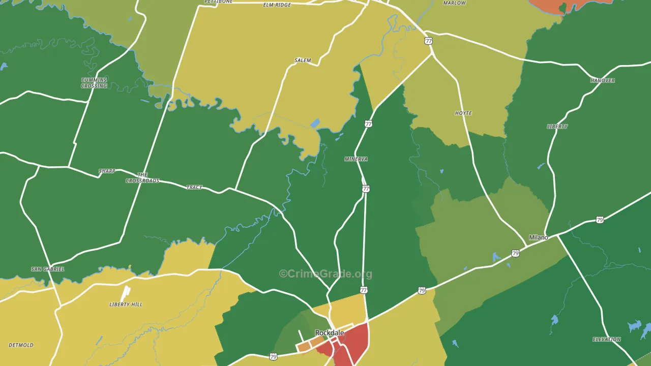 Milam County, TX Map of Robbery Rates