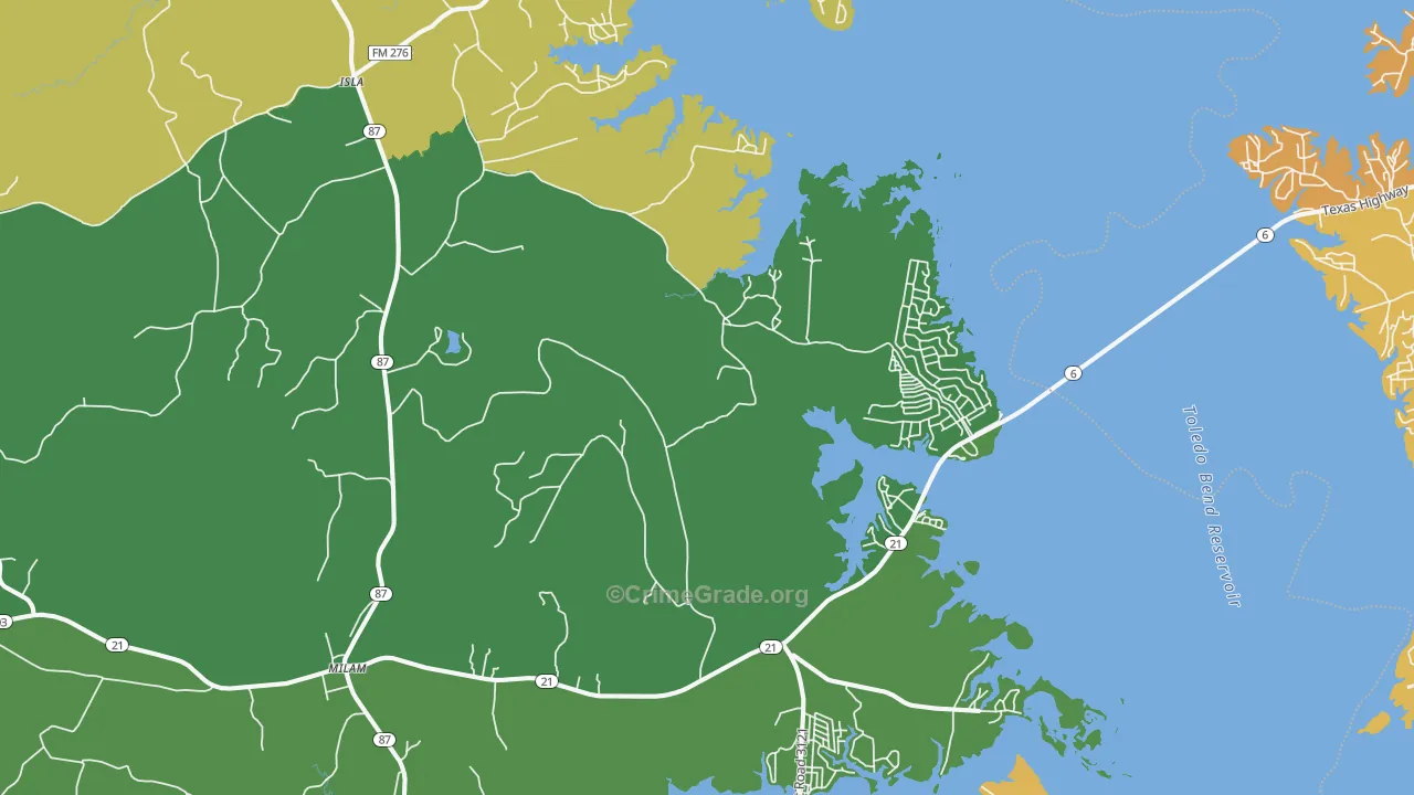 Milam, TX Map of Robbery Rates