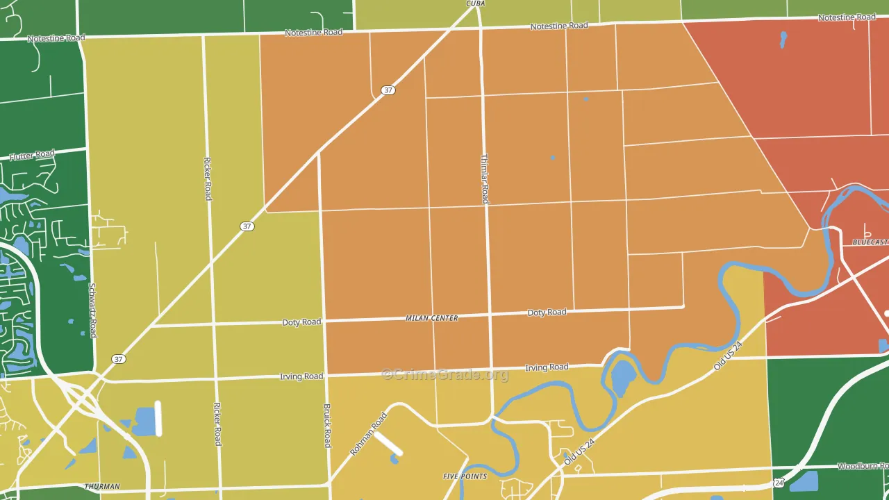 Milan Center, IN Map of Robbery Rates