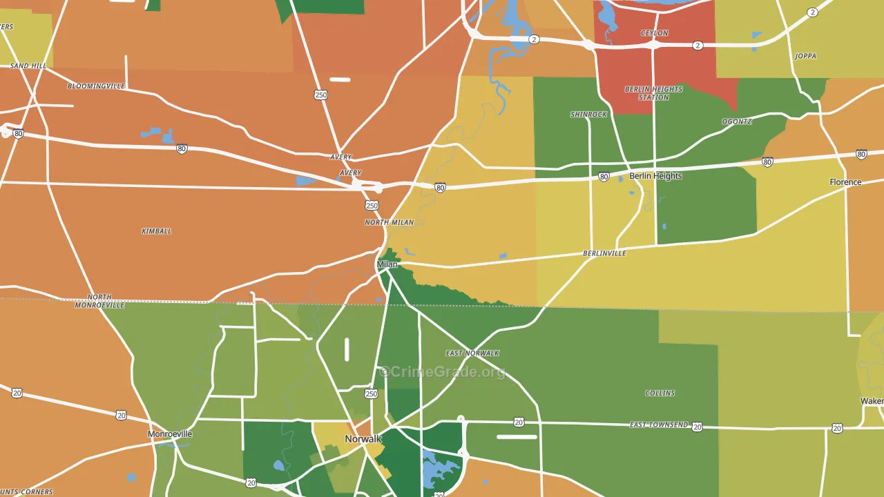 Milan, OH Map of Robbery Rates