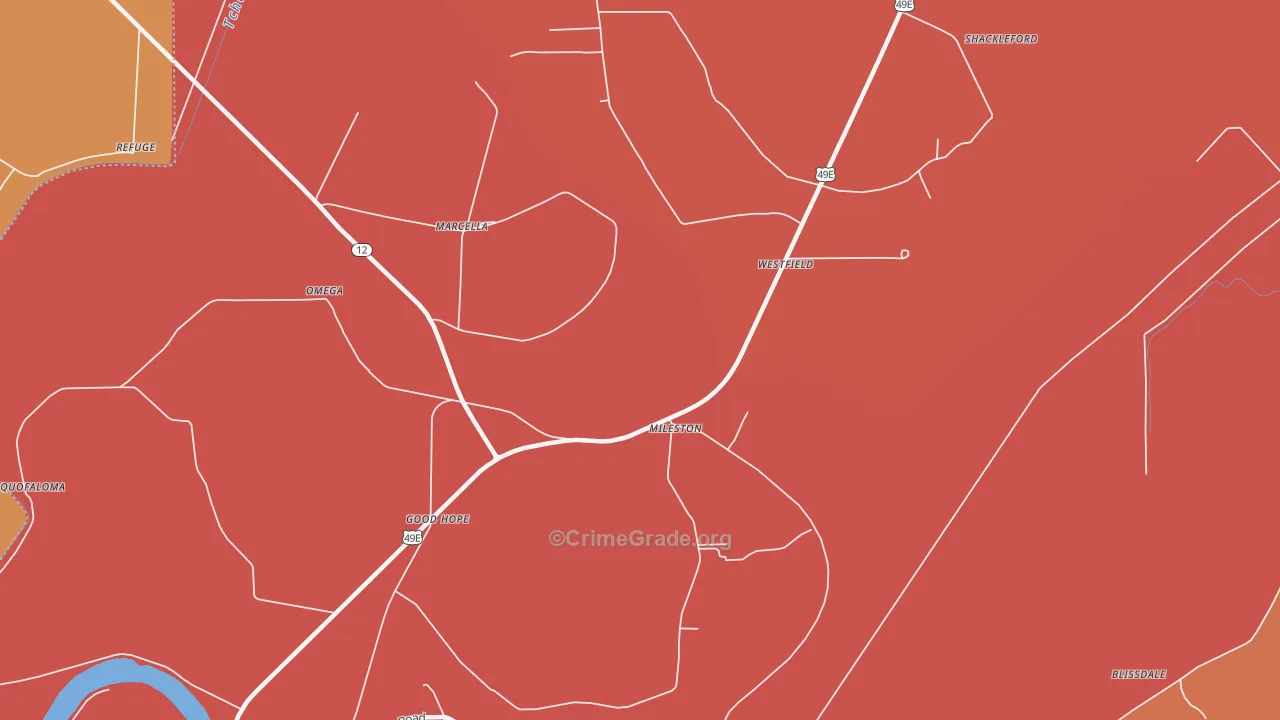 Mileston, MS Map of Robbery Rates