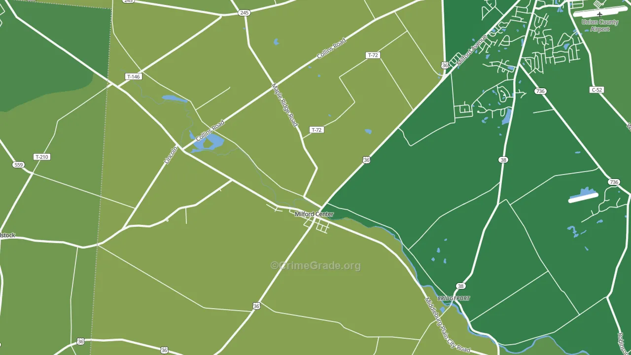 Milford Center, OH Map of Robbery Rates