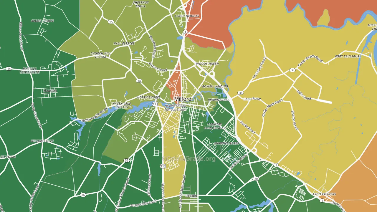 Milford, DE Map of Robbery Rates
