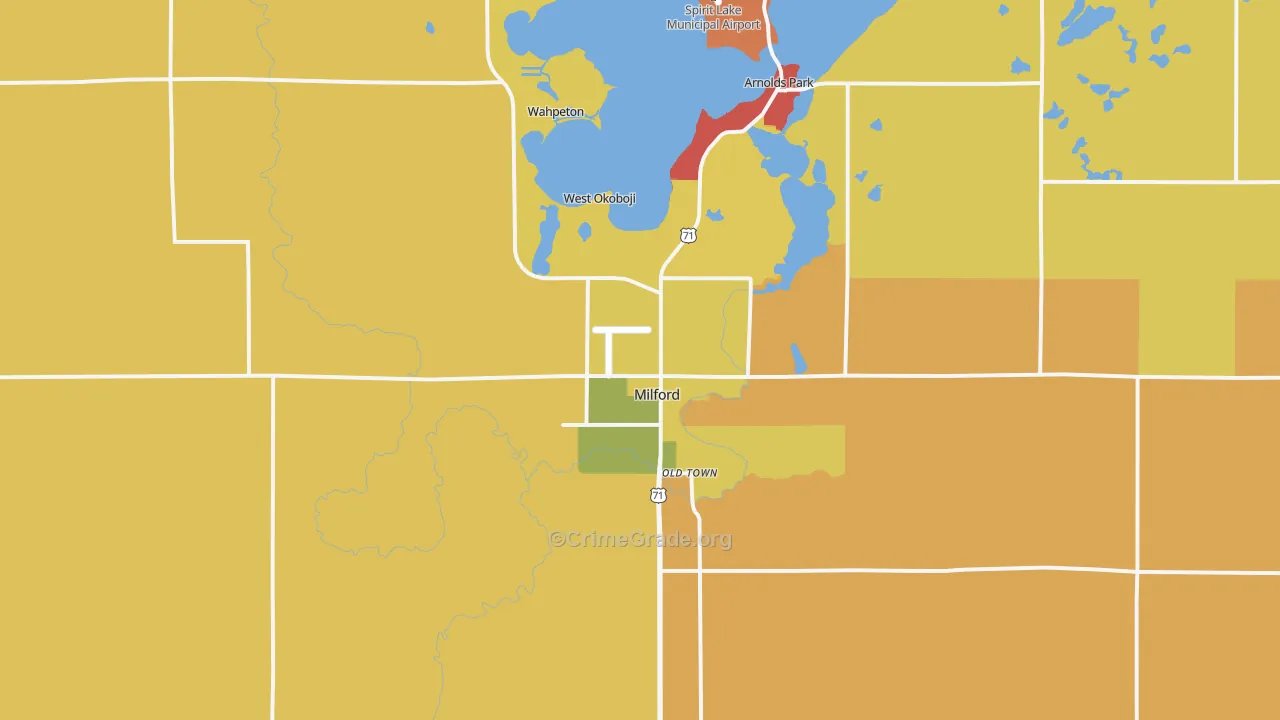 Milford, IA Map of Robbery Rates