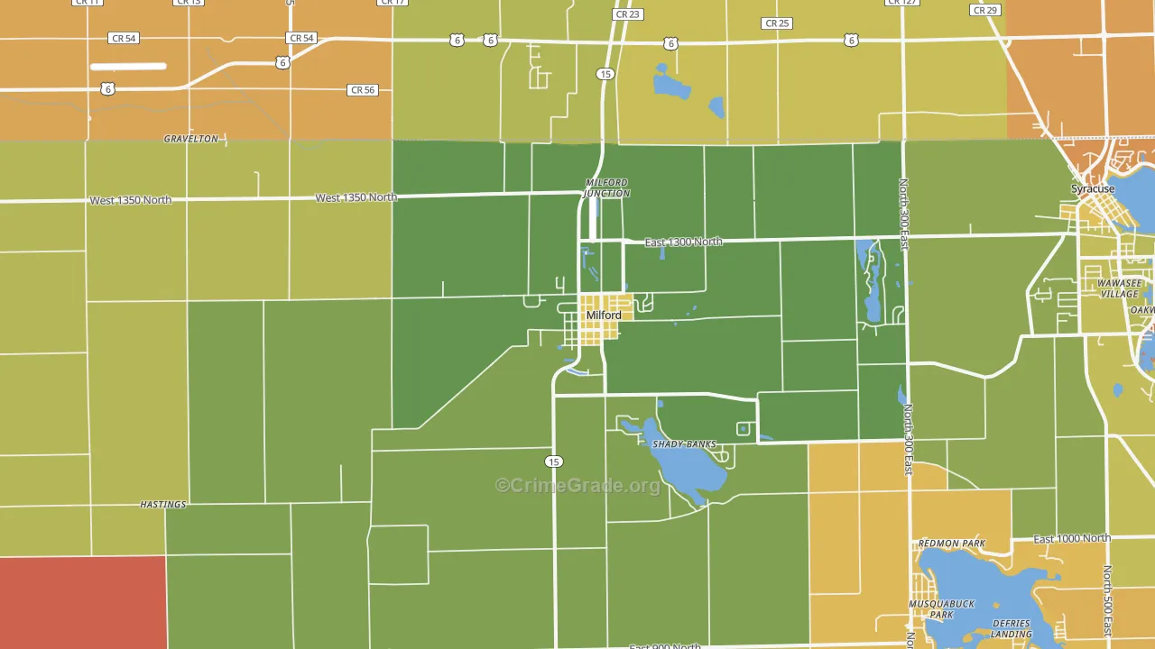 Milford, IN Map of Robbery Rates
