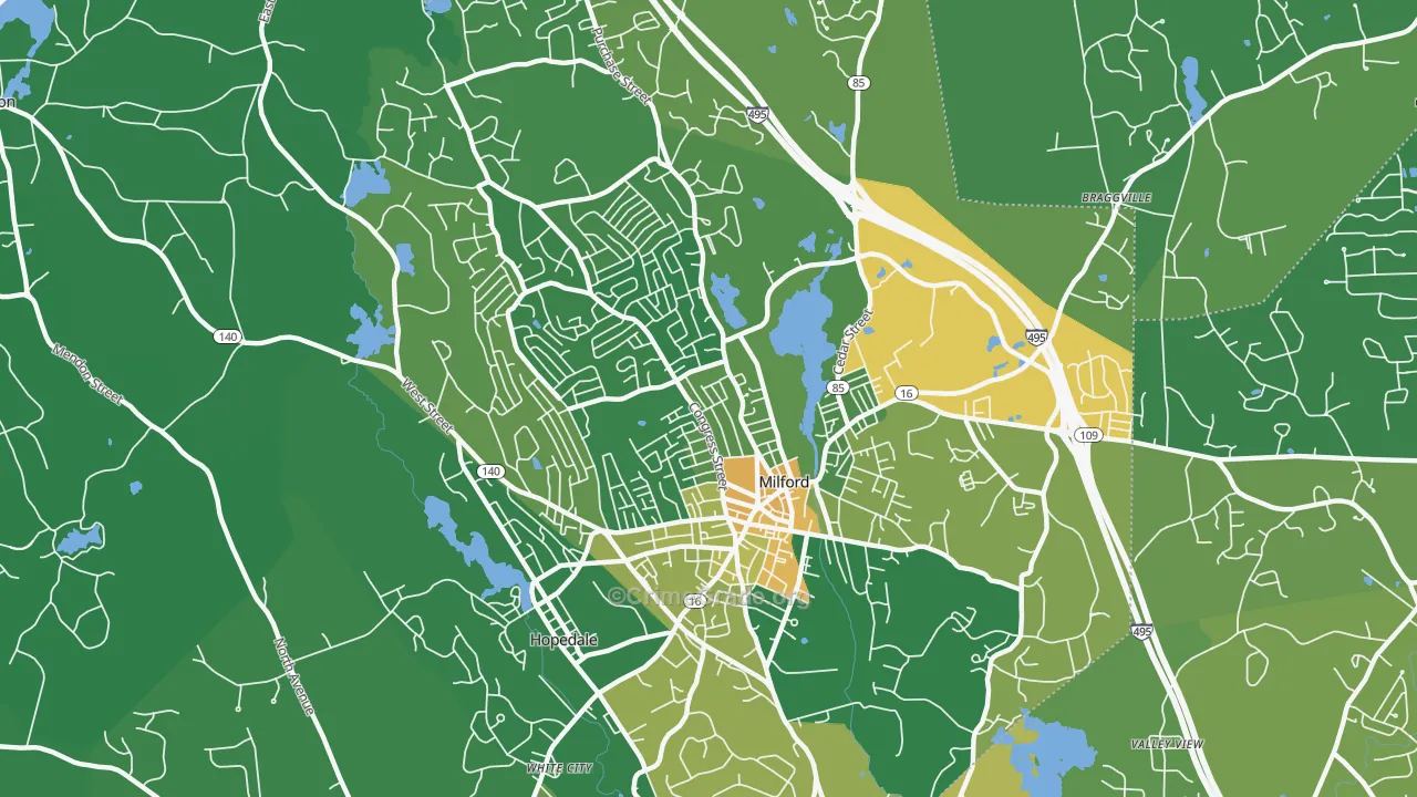 Milford, MA Map of Robbery Rates