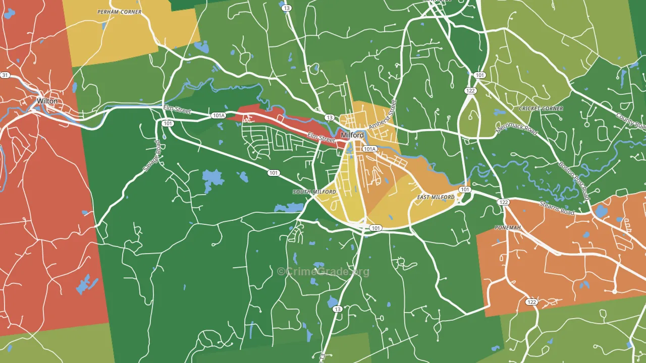 Milford, NH Map of Robbery Rates