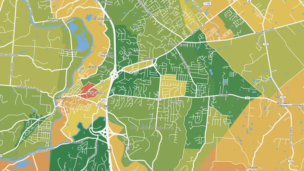 Milford, OH Map of Robbery Rates