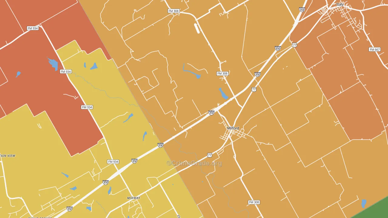 Milford, TX Map of Robbery Rates