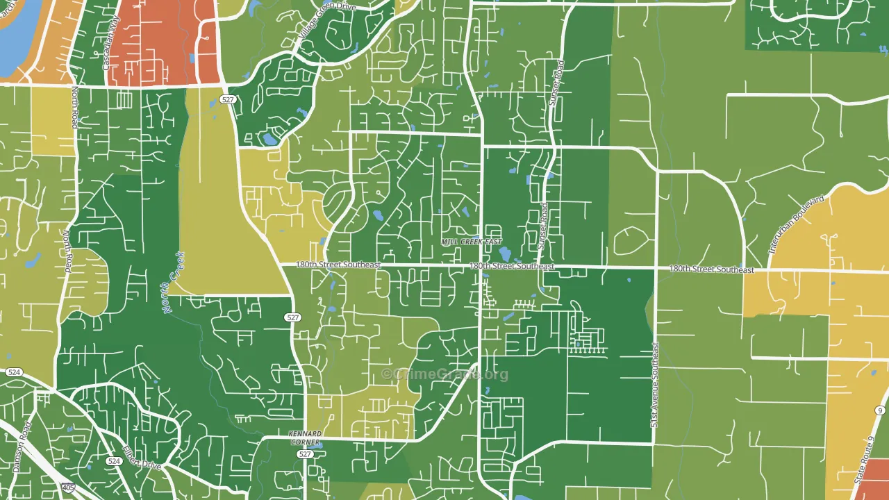 Mill Creek East, WA Map of Robbery Rates