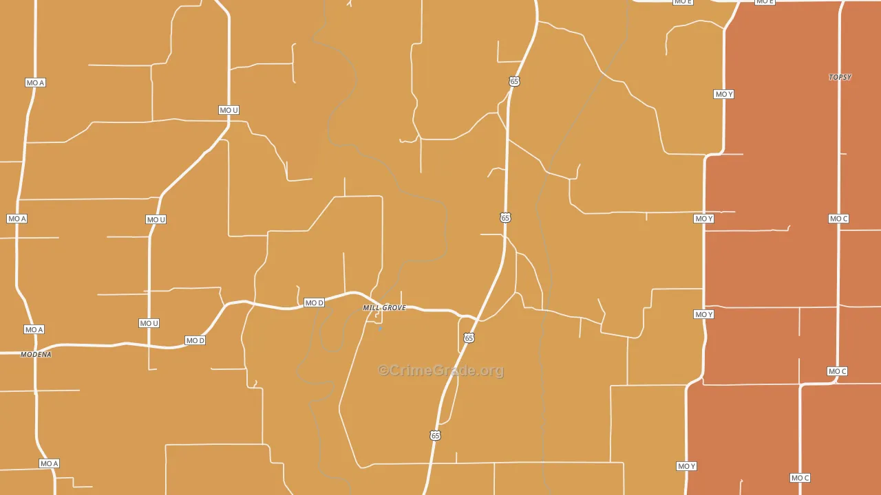 Mill Grove, MO Map of Robbery Rates