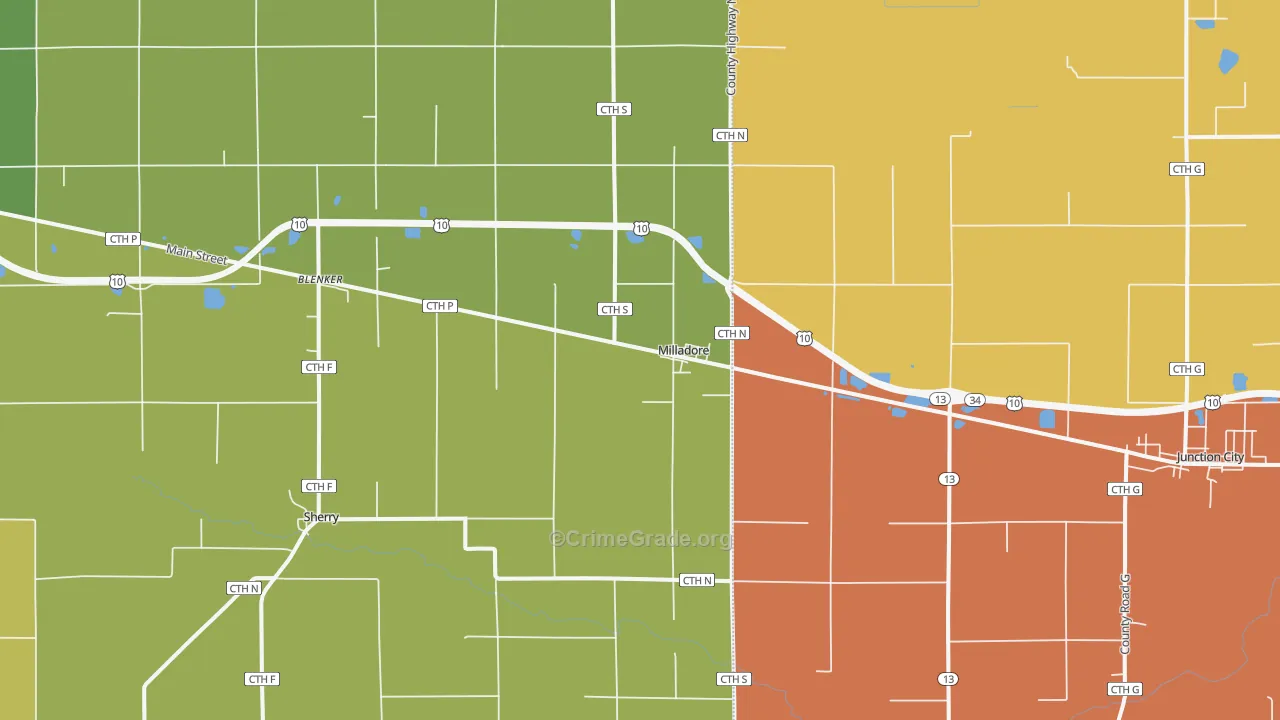 Milladore, WI Map of Robbery Rates