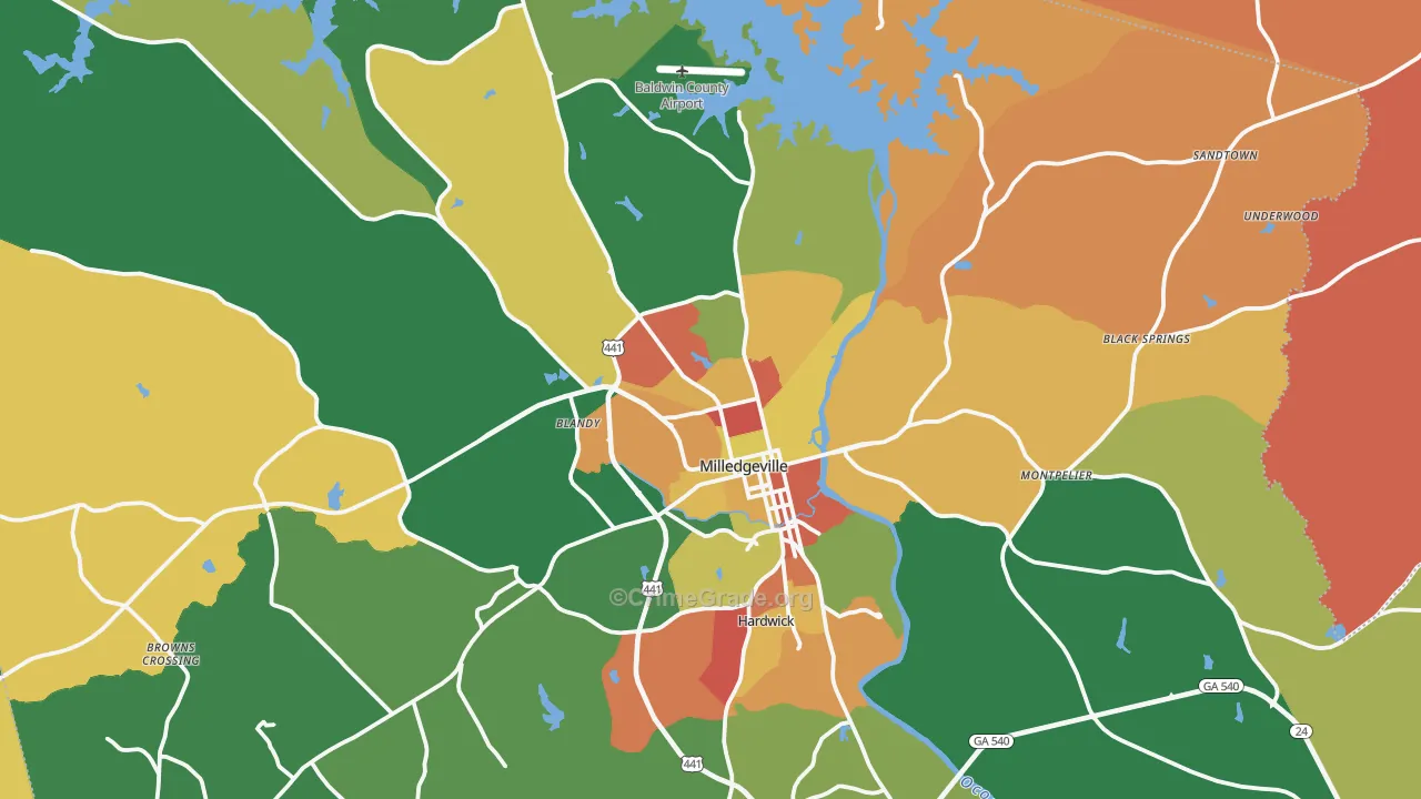 Milledgeville, GA Map of Robbery Rates