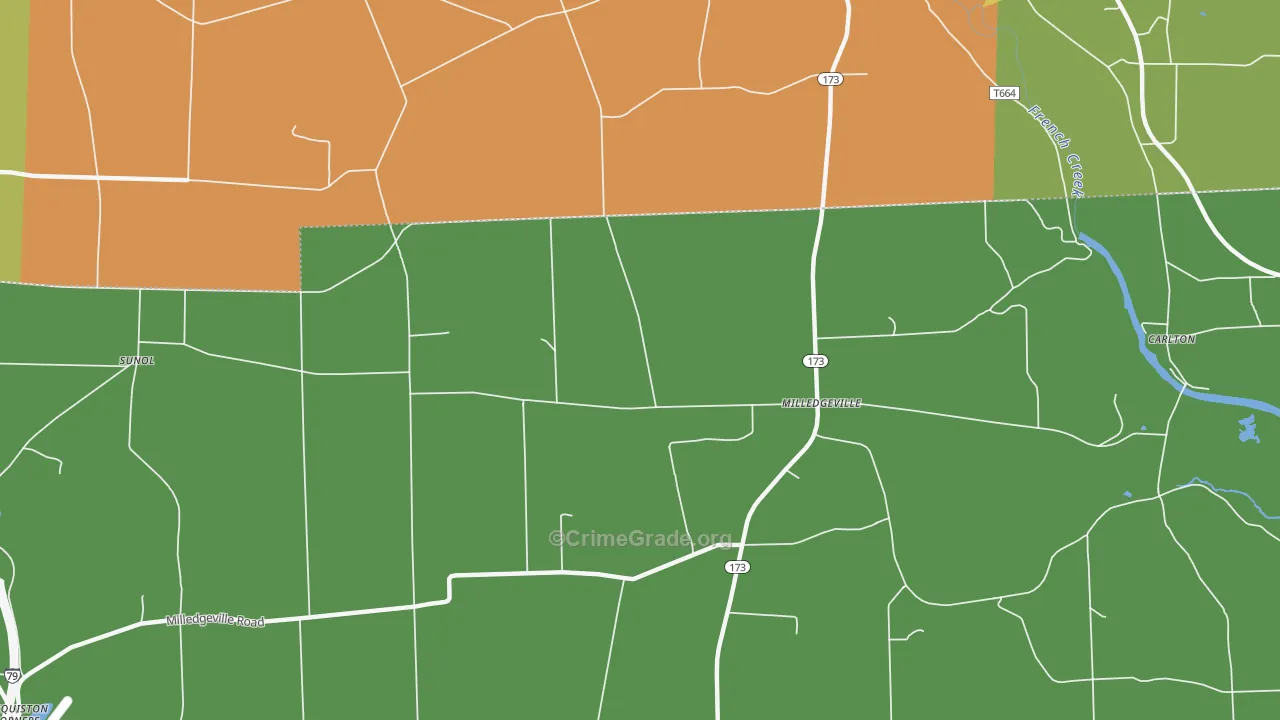 Milledgeville, PA Map of Robbery Rates