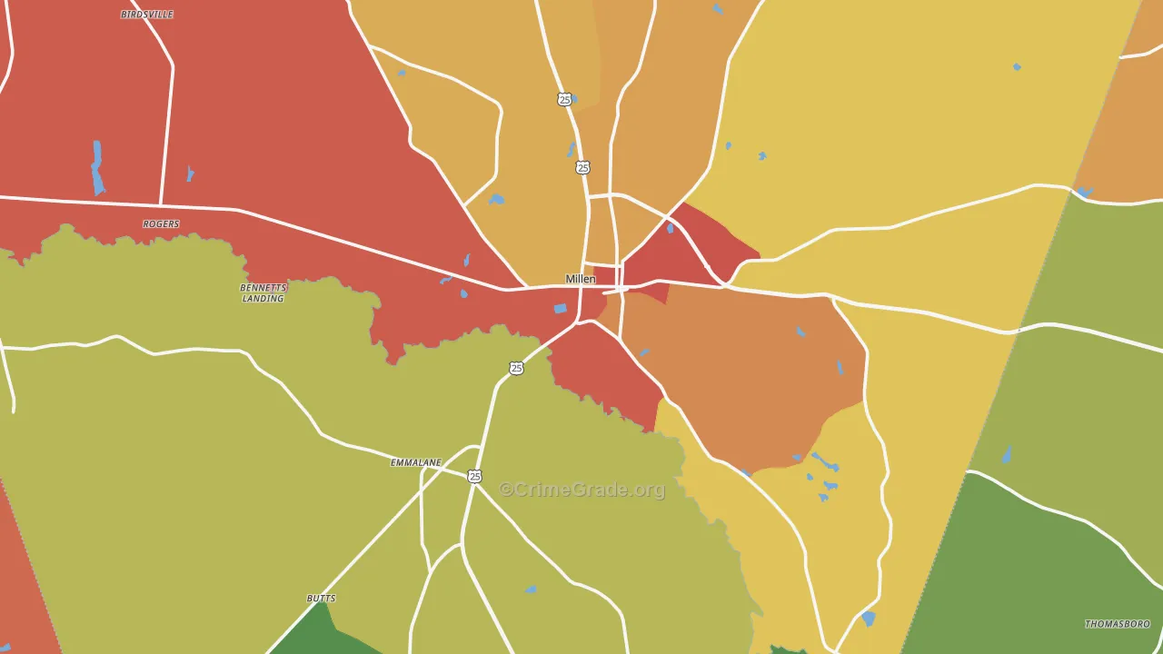 Millen, GA Map of Robbery Rates
