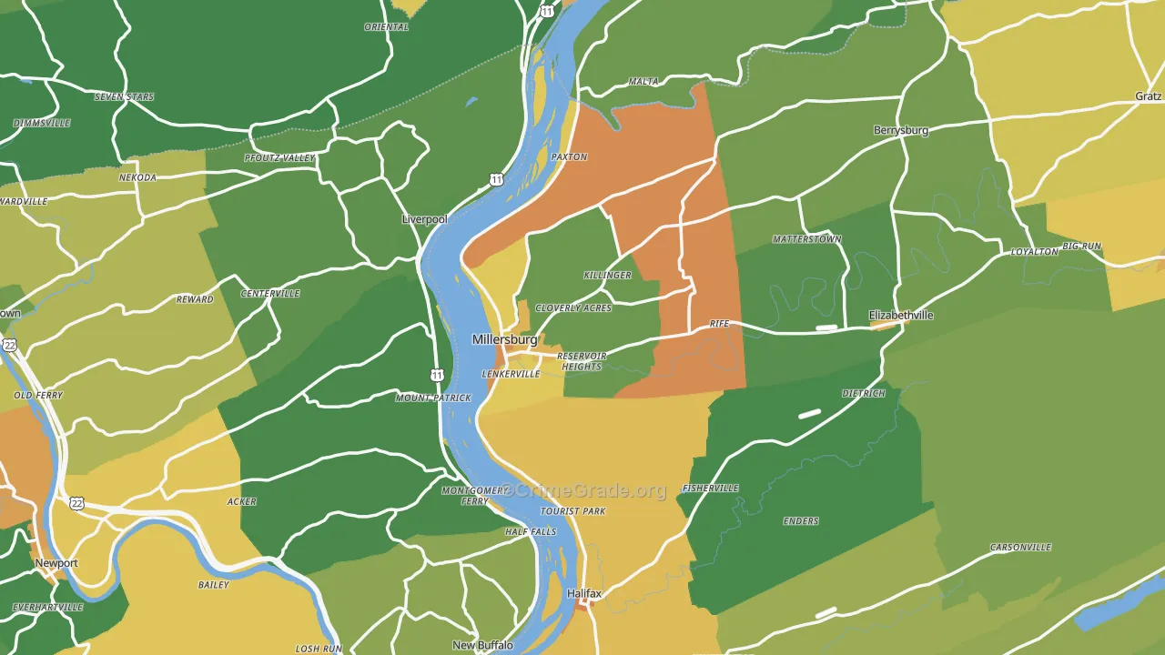 Millersburg, PA Map of Robbery Rates