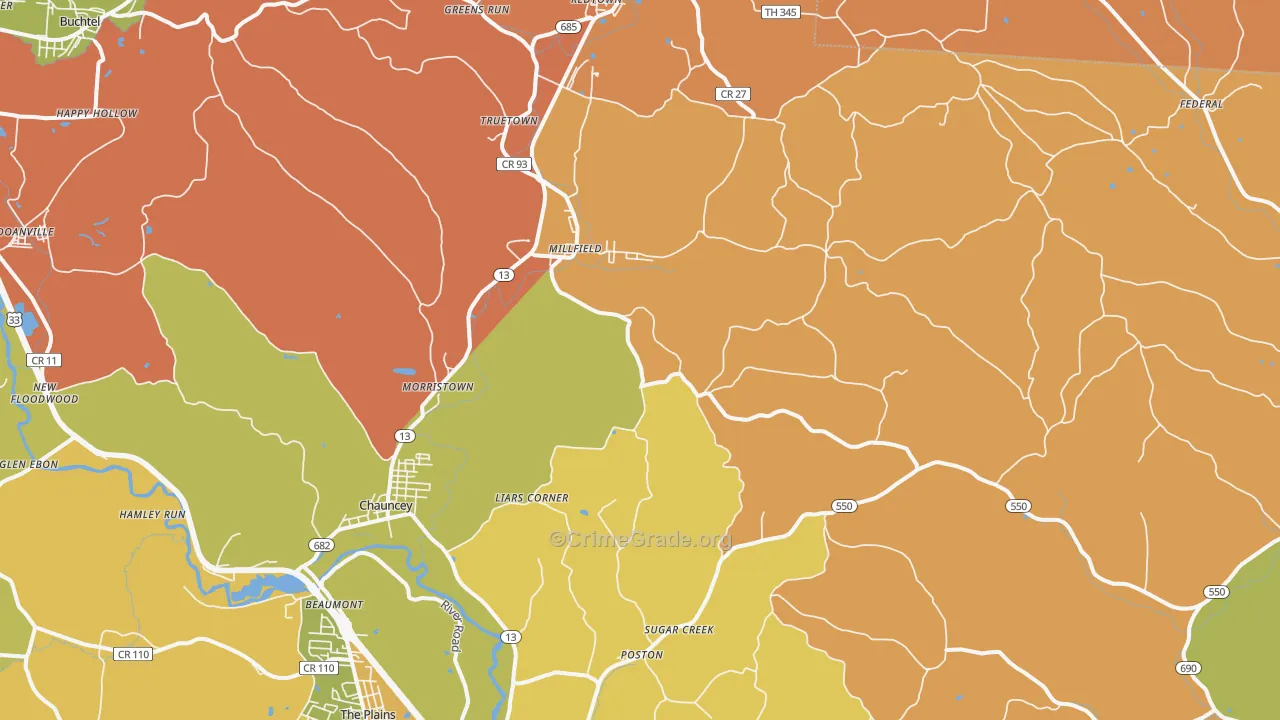 Millfield, OH Map of Robbery Rates