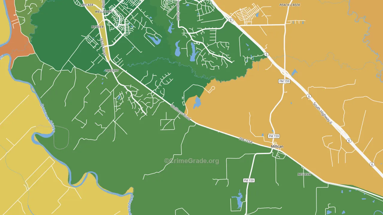 Millican, TX Map of Robbery Rates