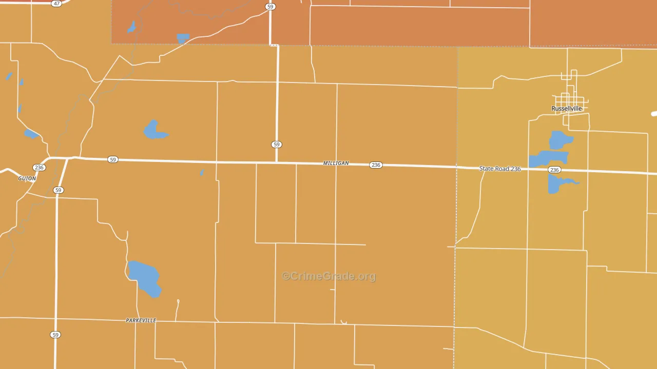 Milligan, IN Map of Robbery Rates