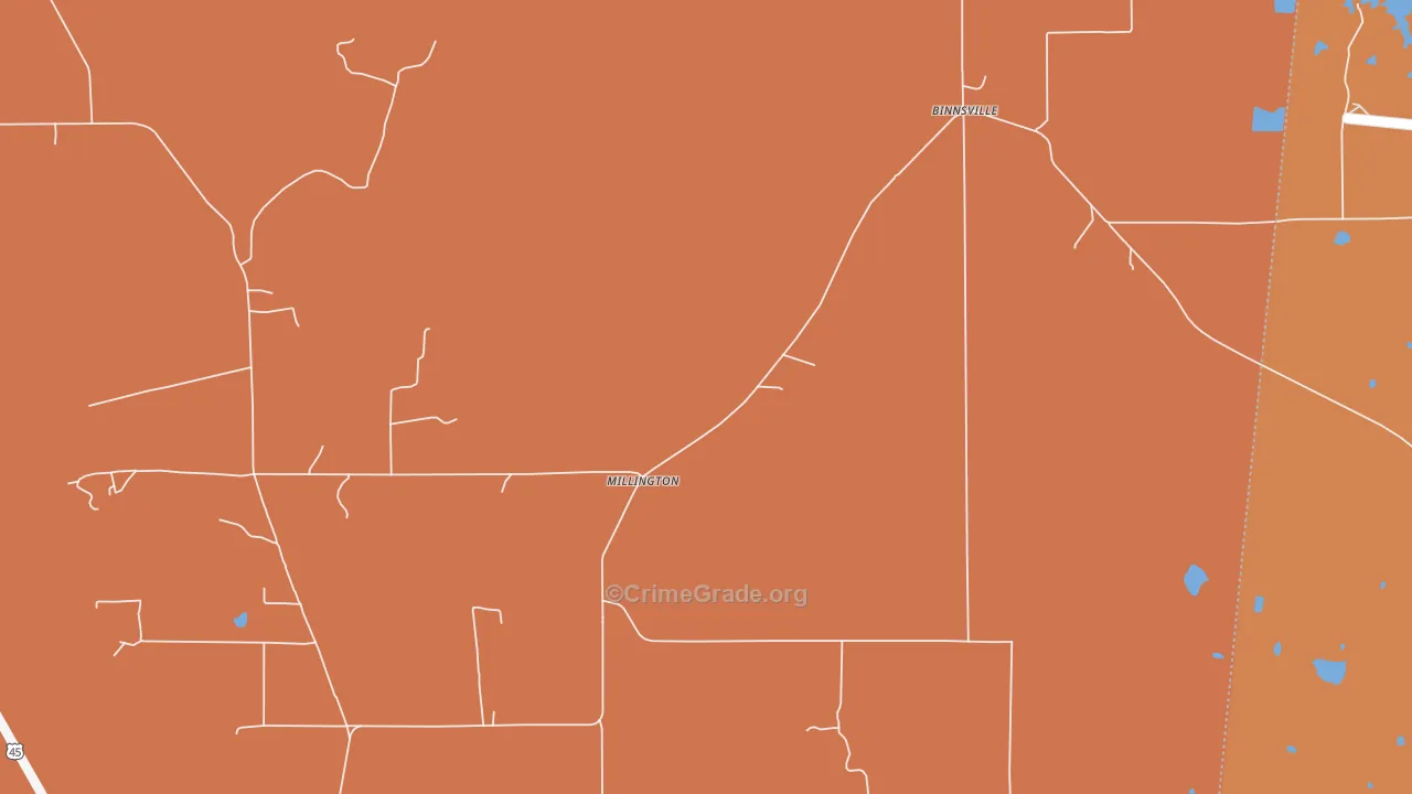 Millington, MS Map of Robbery Rates