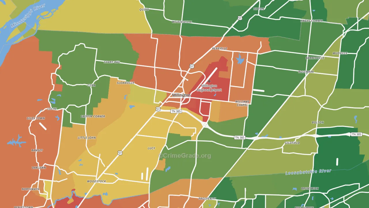 Millington, TN Map of Robbery Rates