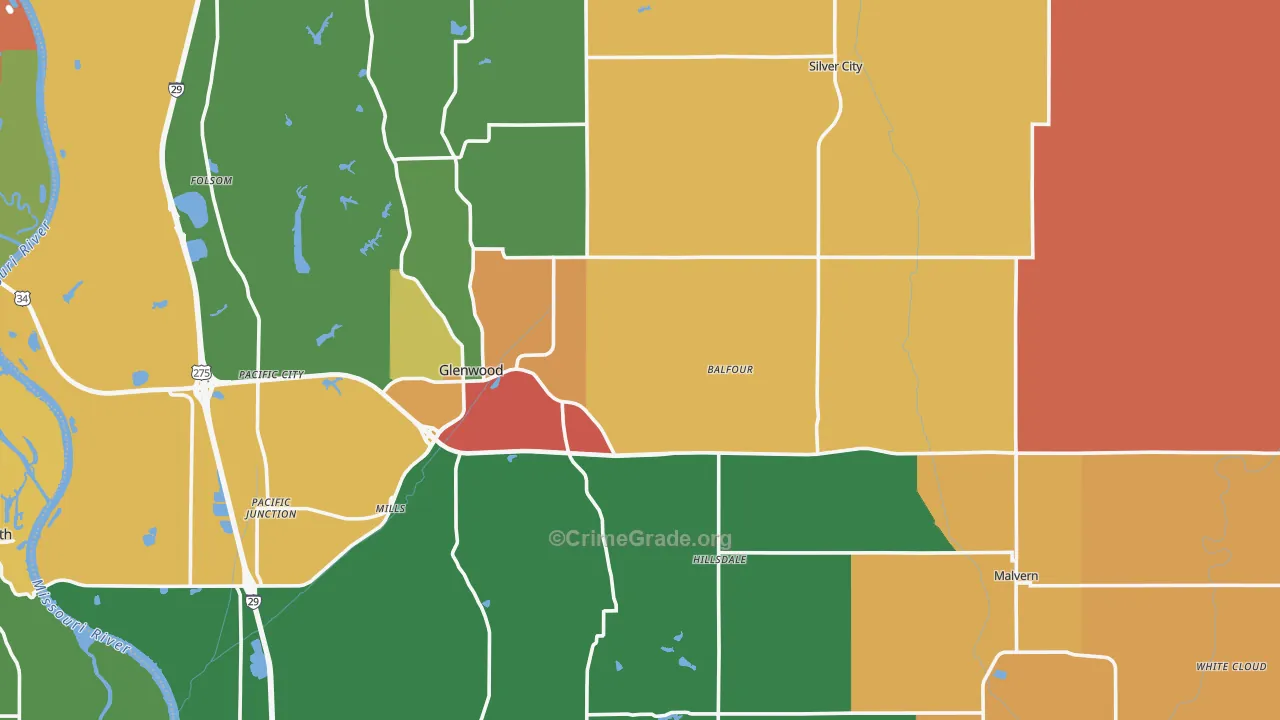 Mills County, IA Map of Robbery Rates