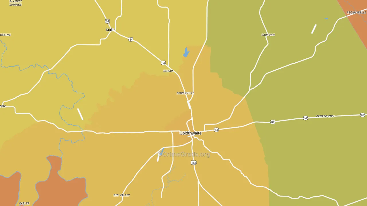 Mills County, TX Map of Robbery Rates