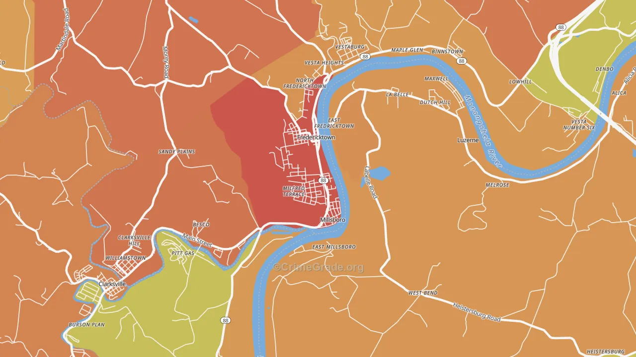 Millsboro, PA Map of Robbery Rates