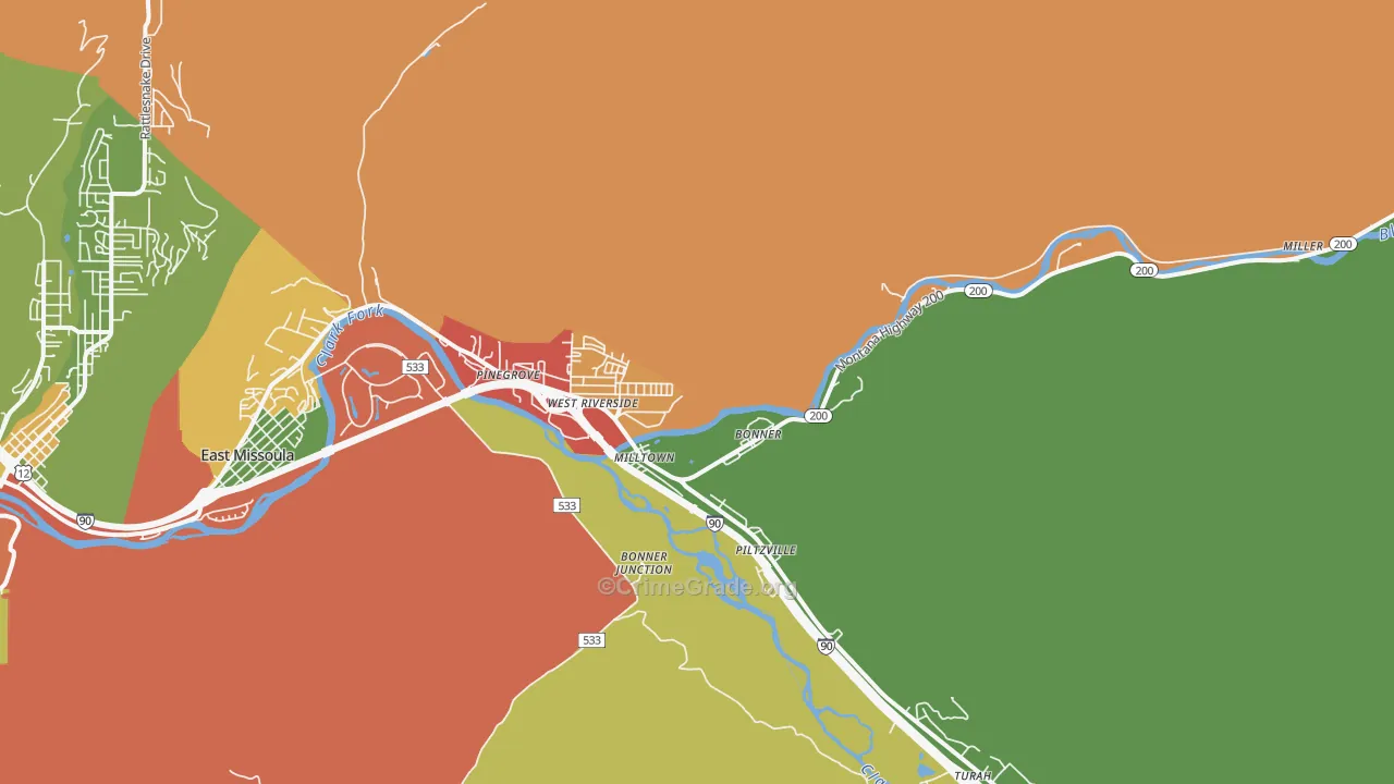 Milltown, MT Map of Robbery Rates