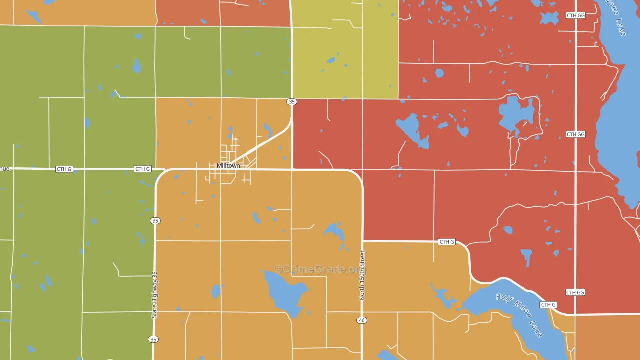 Milltown, WI Map of Robbery Rates