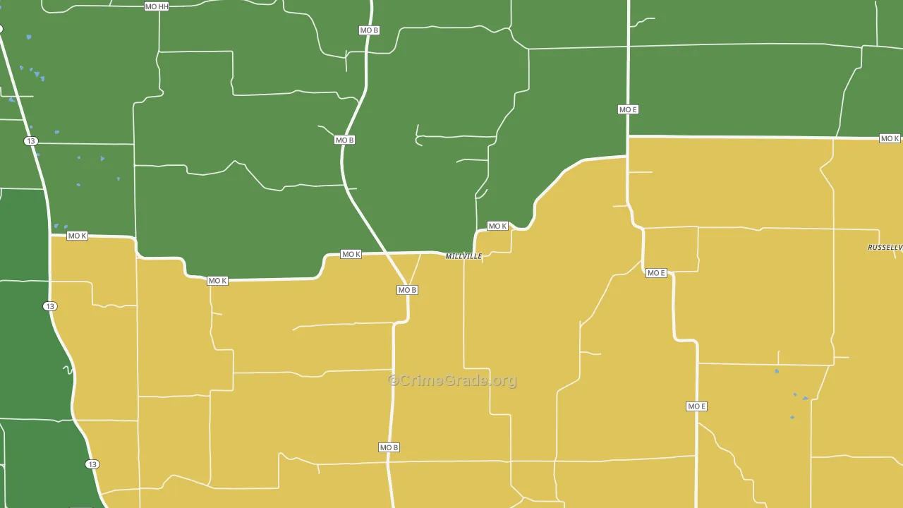 Millville, MO Map of Robbery Rates