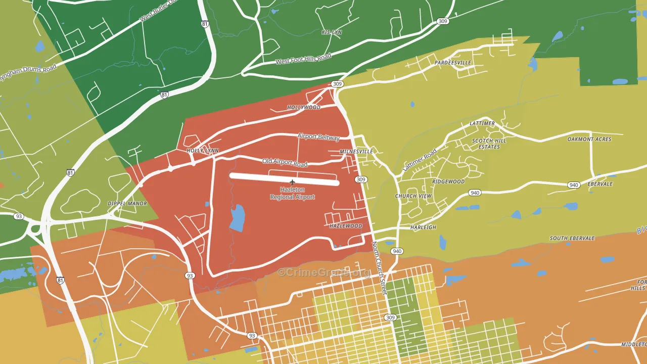 Milnesville, PA Map of Robbery Rates