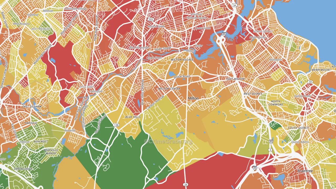 Milton, MA Map of Robbery Rates