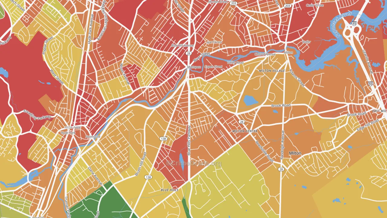 Milton Upper Mills, Milton, MA Map of Robbery Rates