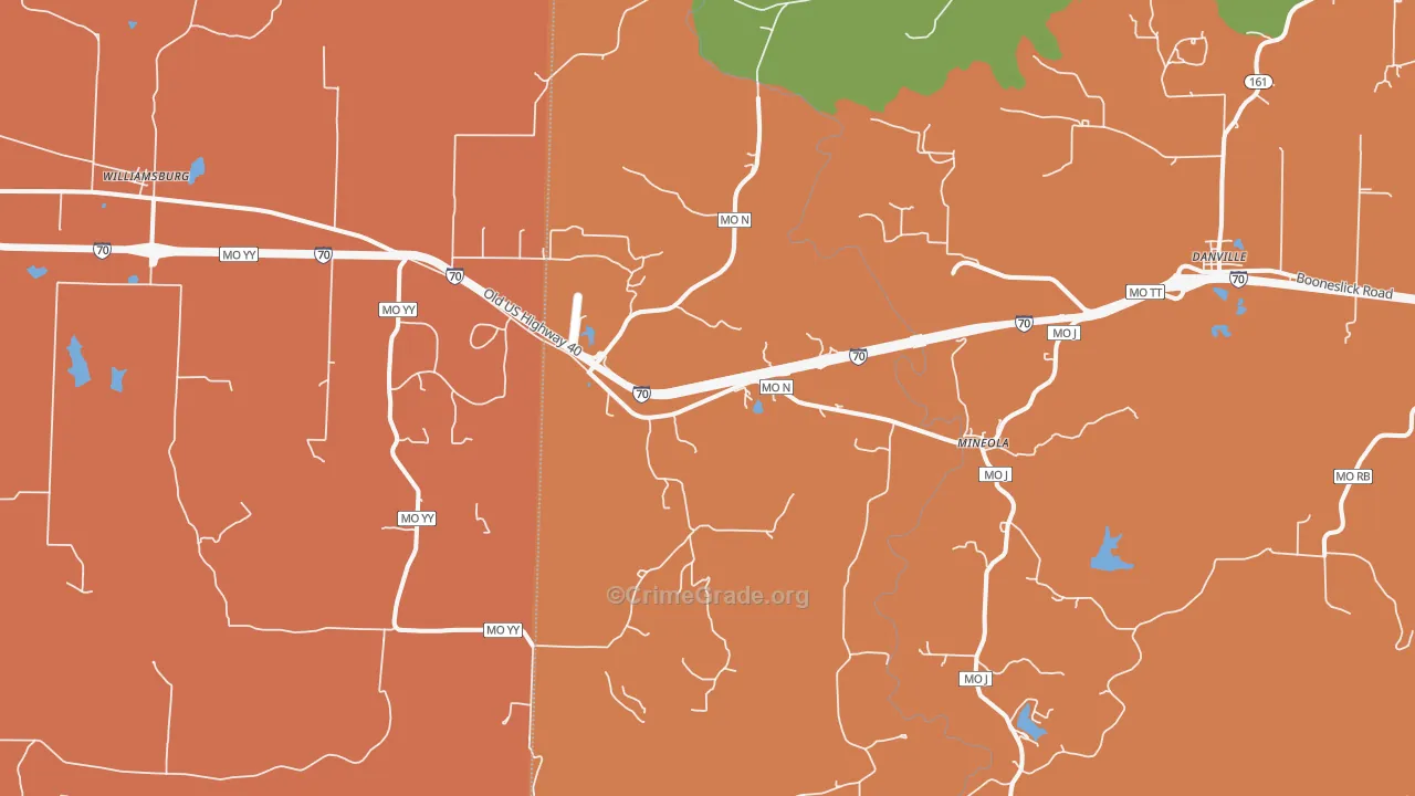 Mineola, MO Map of Robbery Rates