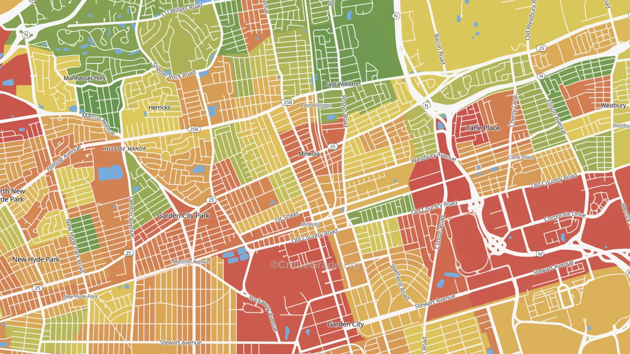 Mineola, NY Map of Robbery Rates