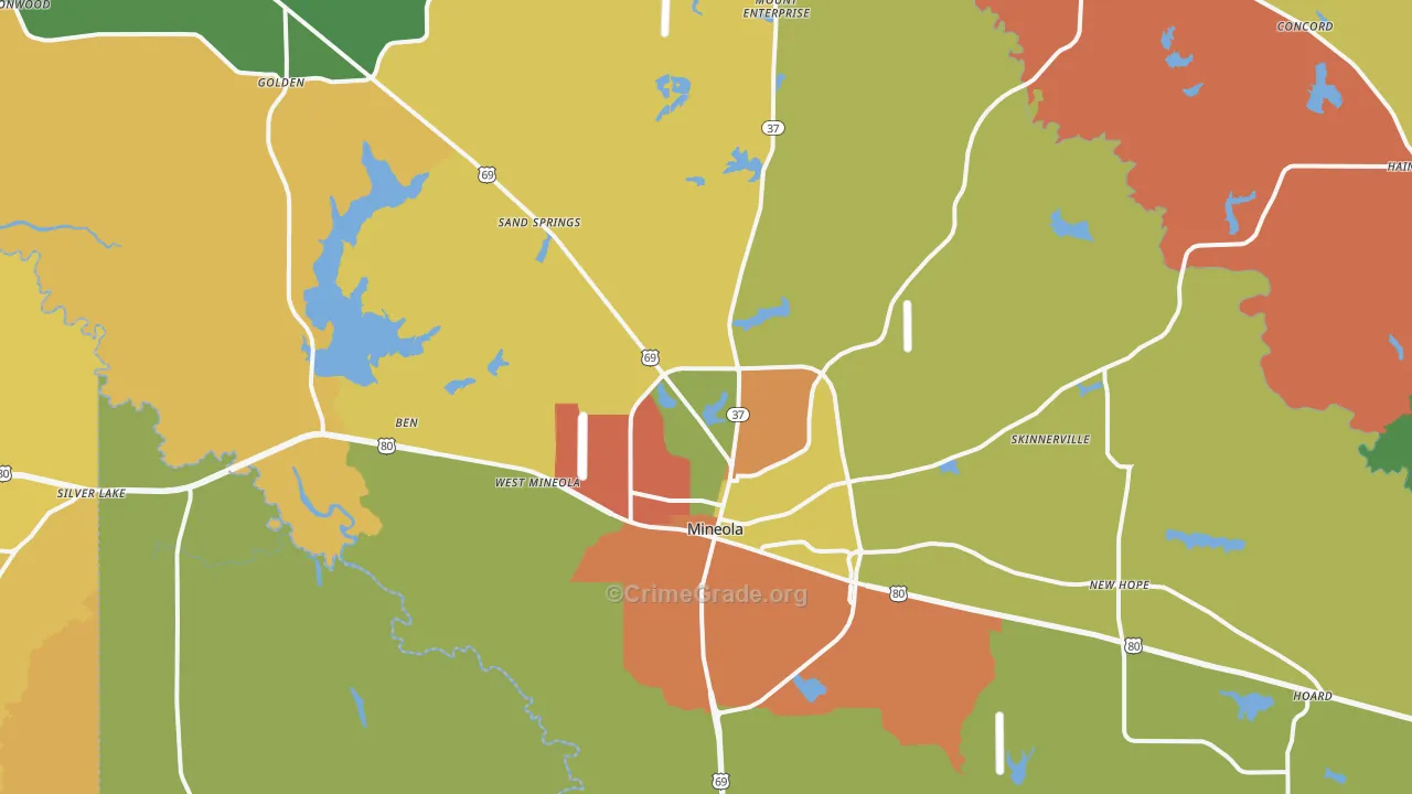 Mineola, TX Map of Robbery Rates