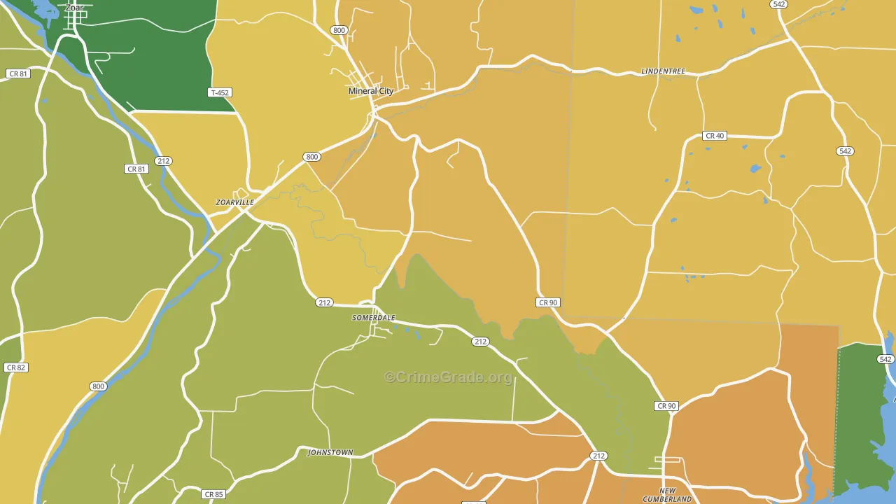 Mineral City, OH Map of Robbery Rates