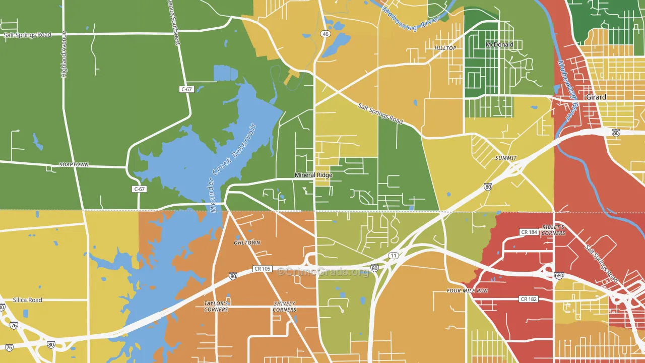 Mineral Ridge, OH Map of Robbery Rates